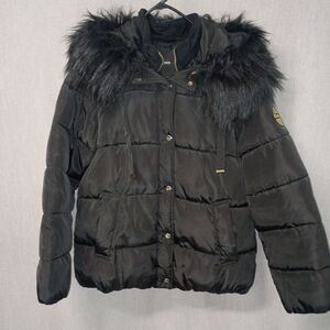 bebe Black Hooded Puffer Jacket Size M (Removable) Faux-Fur Trim